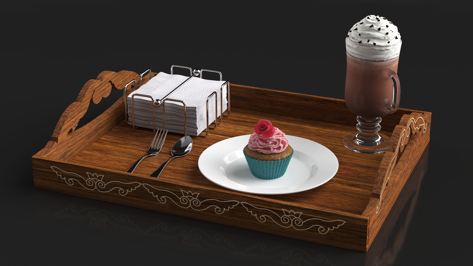 Wooden Serving Tray with Hot Beverage and Cupcake 3D model