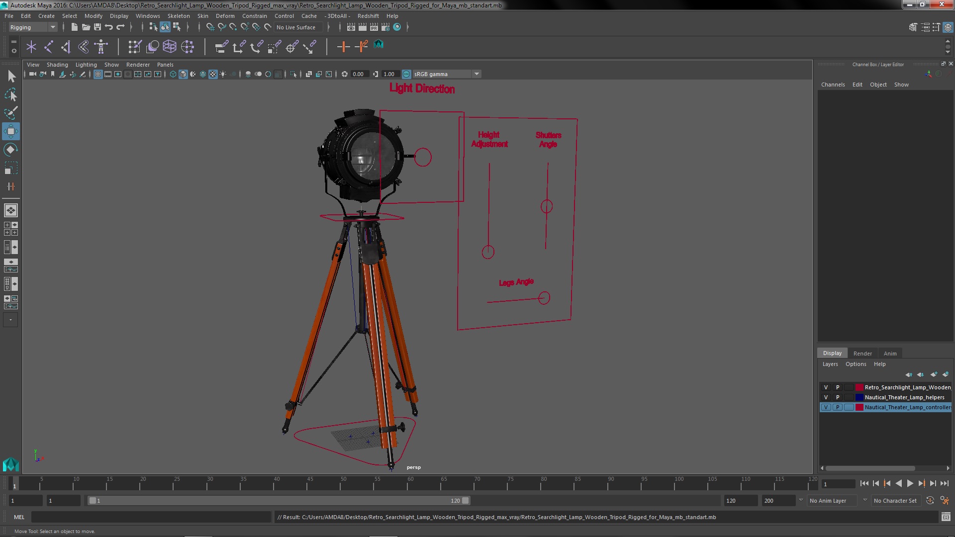 Retro Searchlight Lamp Wooden Tripod Rigged for Maya 3D