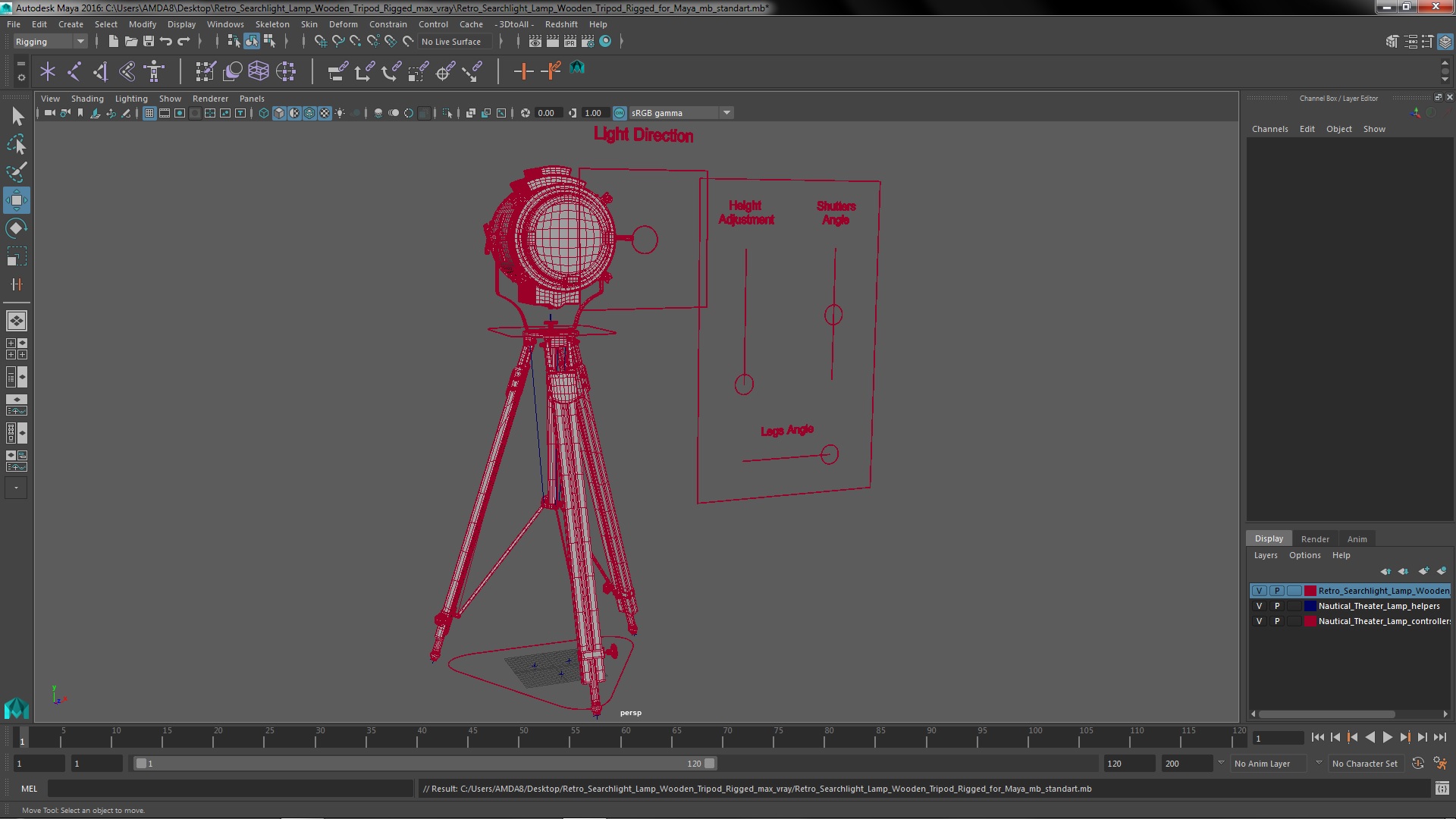 Retro Searchlight Lamp Wooden Tripod Rigged for Maya 3D