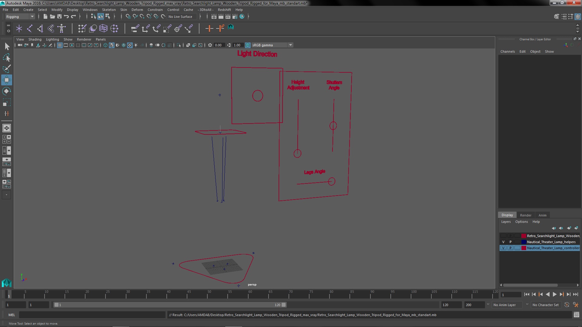 Retro Searchlight Lamp Wooden Tripod Rigged for Maya 3D