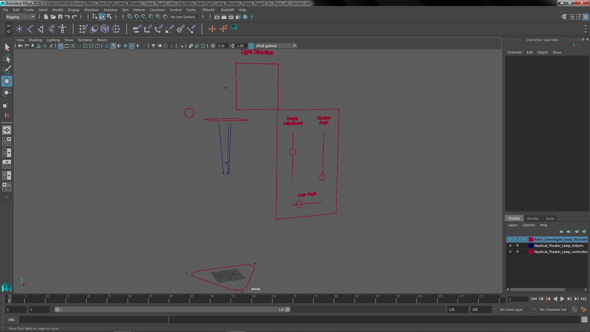 Retro Searchlight Lamp Wooden Tripod Rigged for Maya 3D