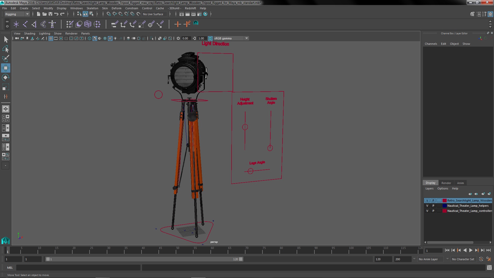 Retro Searchlight Lamp Wooden Tripod Rigged for Maya 3D