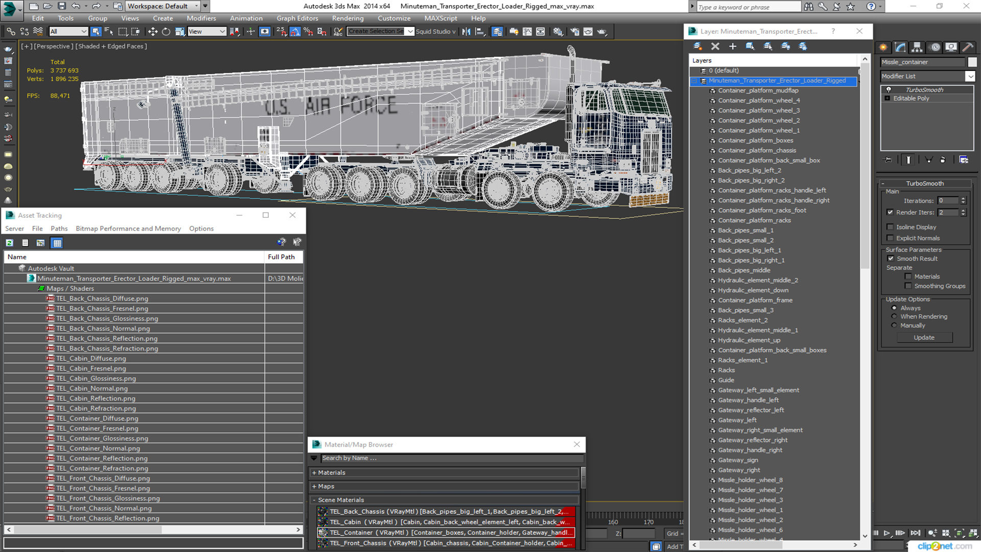 Minuteman Transporter Erector Loader Rigged for Maya 3D