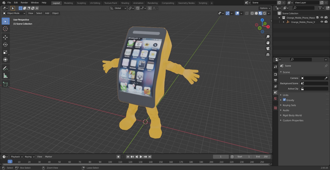 Orange Mobile Phone Mascot Happy Pose 3D