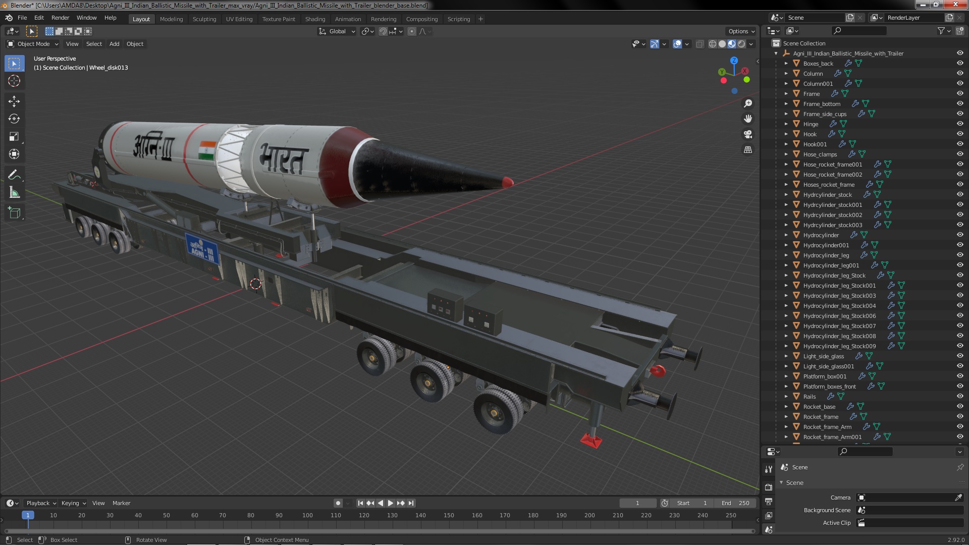 3D Agni III Indian Ballistic Missile with Trailer