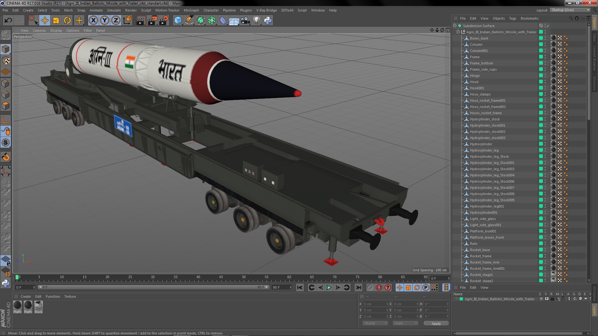 3D Agni III Indian Ballistic Missile with Trailer