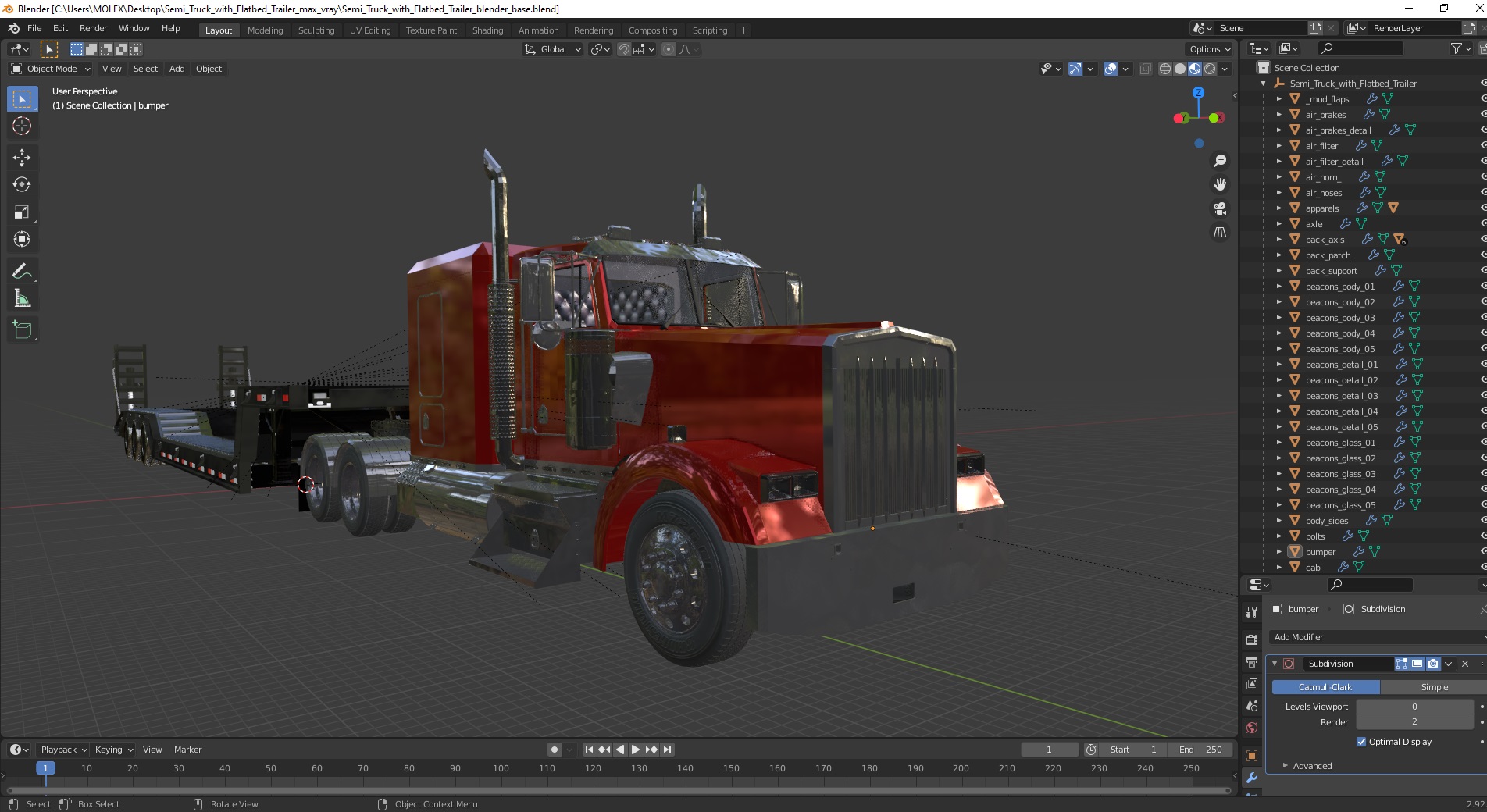 3D Semi Truck with Flatbed Trailer