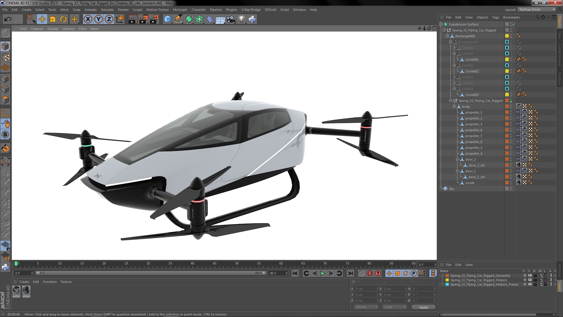 3D model Xpeng X2 Flying Car Rigged for Cinema 4D