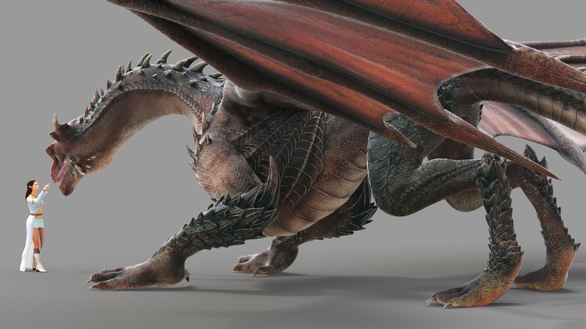 3D Fantasy Dragon and Female Elf Encounter with Fur model