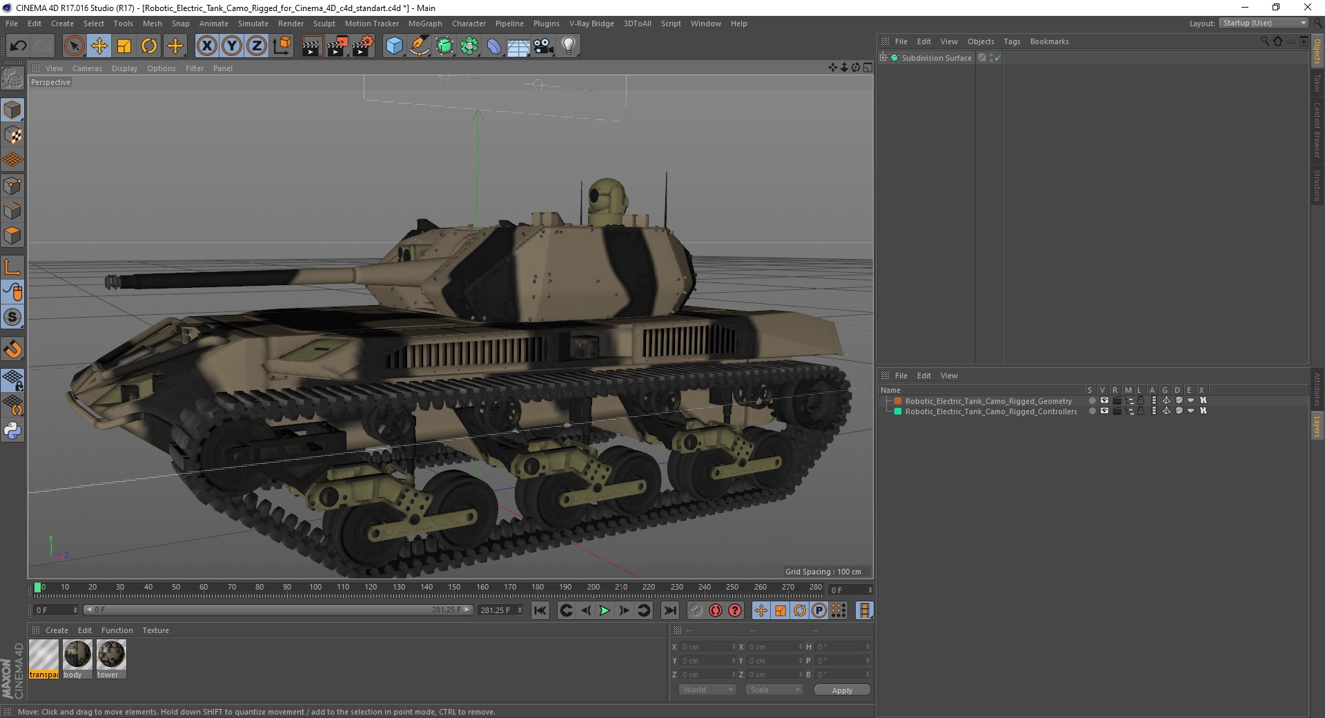 Robotic Electric Tank Camo Rigged for Cinema 4D 3D