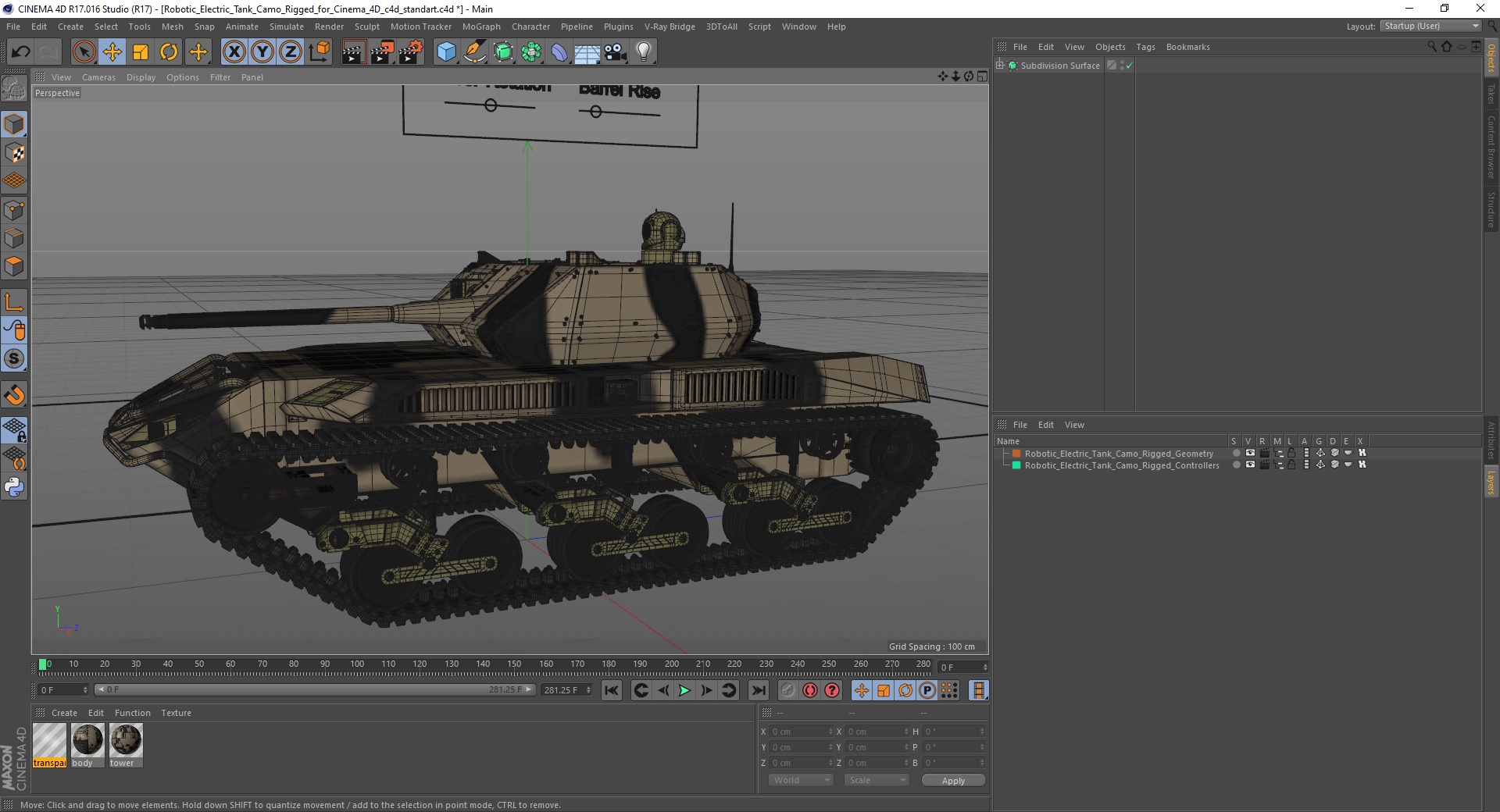 Robotic Electric Tank Camo Rigged for Cinema 4D 3D