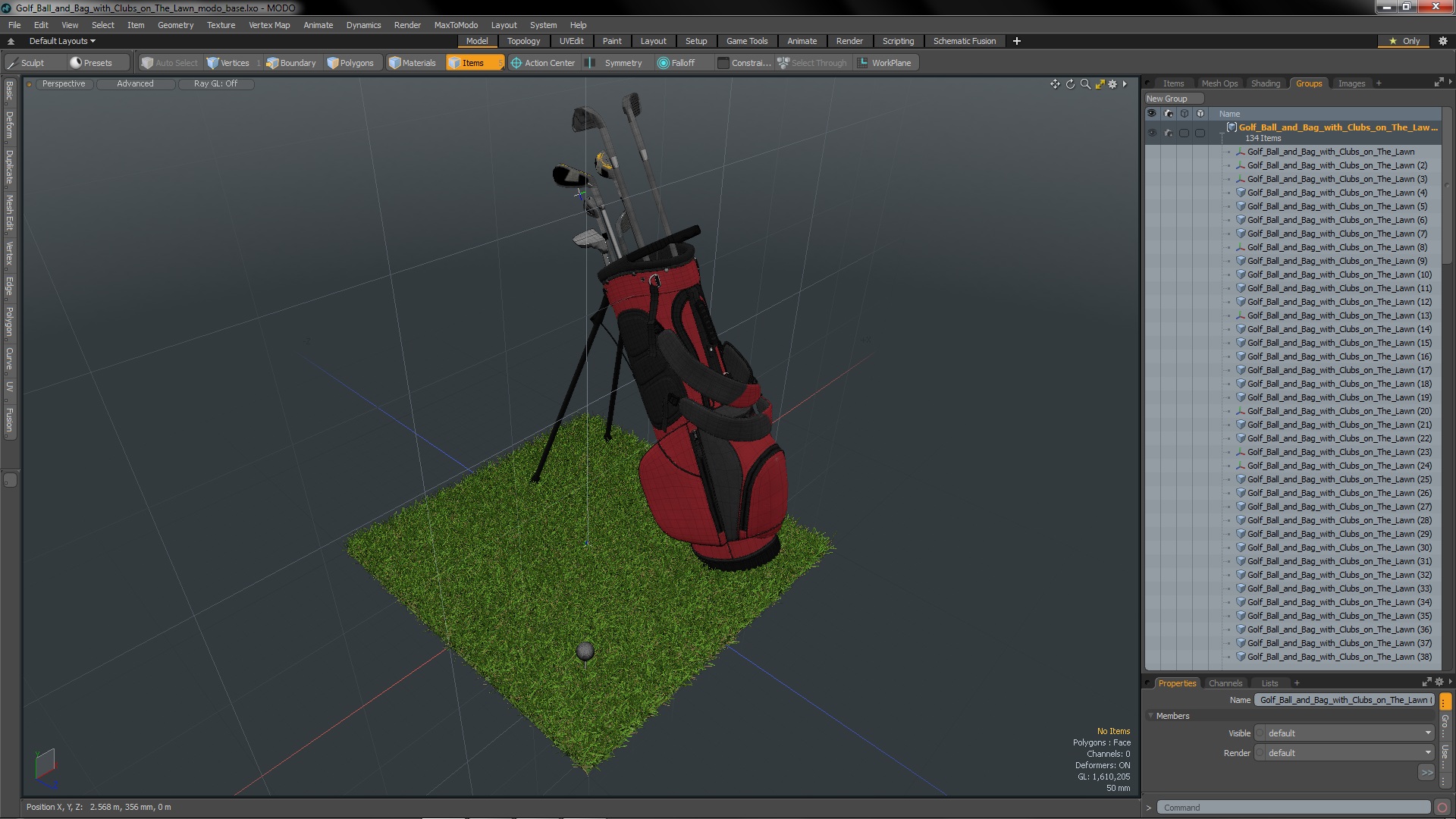 3D Golf Ball and Bag with Clubs on Lawn