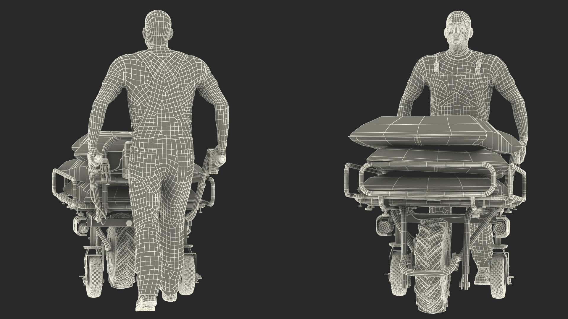 3D Worker with a Wheelbarrow Battery Frame Cement Rigged model