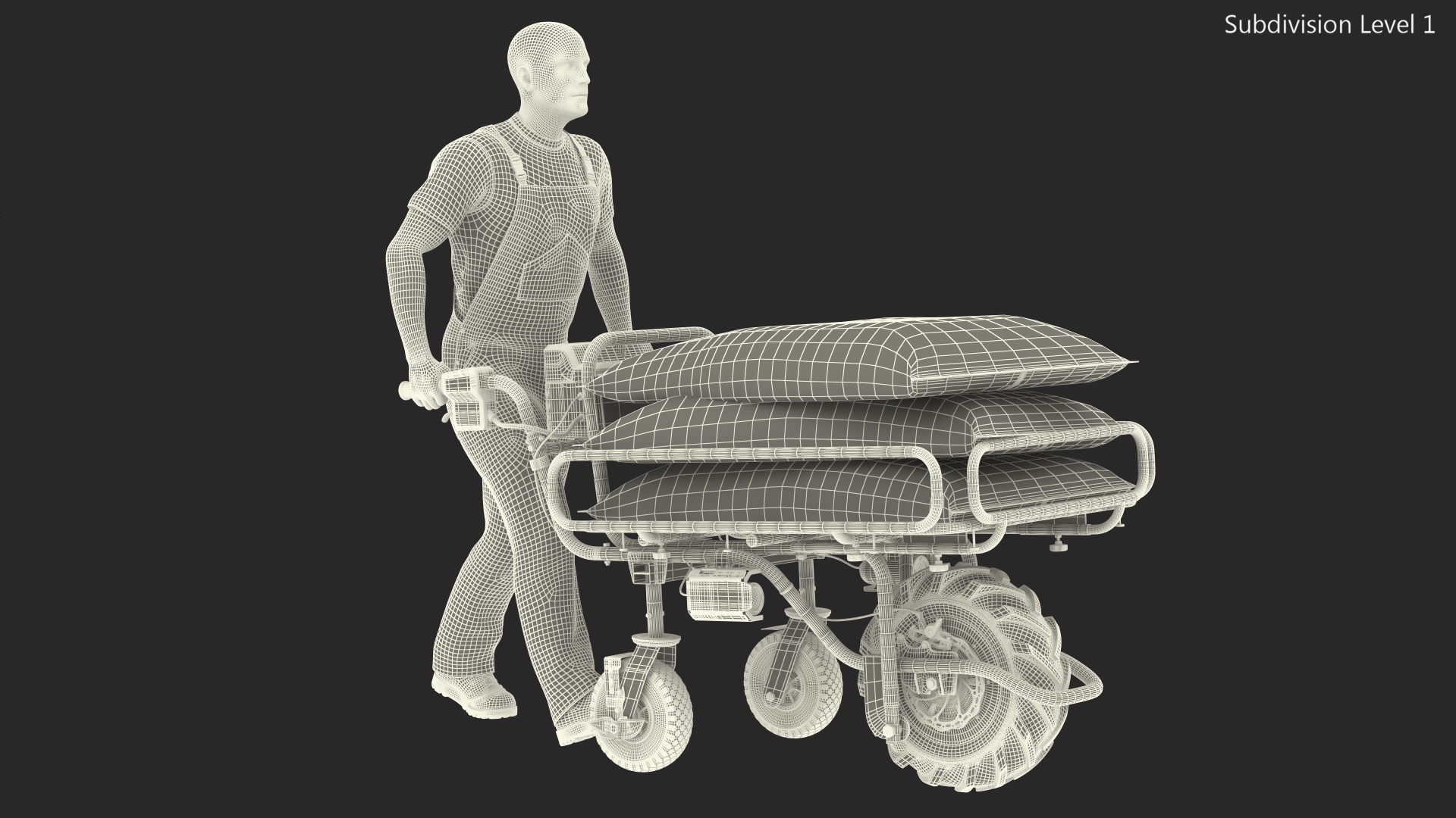 3D Worker with a Wheelbarrow Battery Frame Cement Rigged model