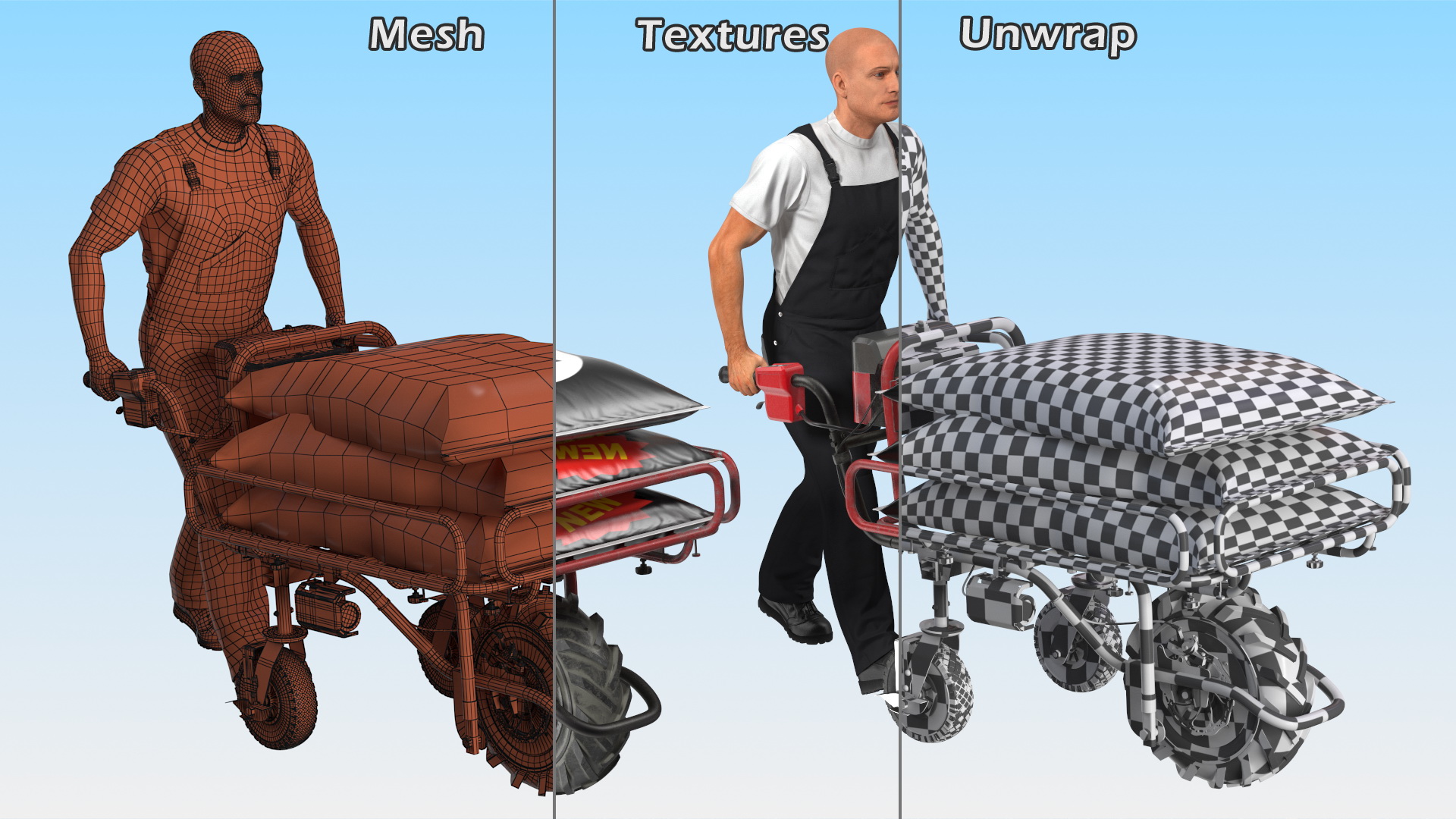 3D Worker with a Wheelbarrow Battery Frame Cement Rigged model