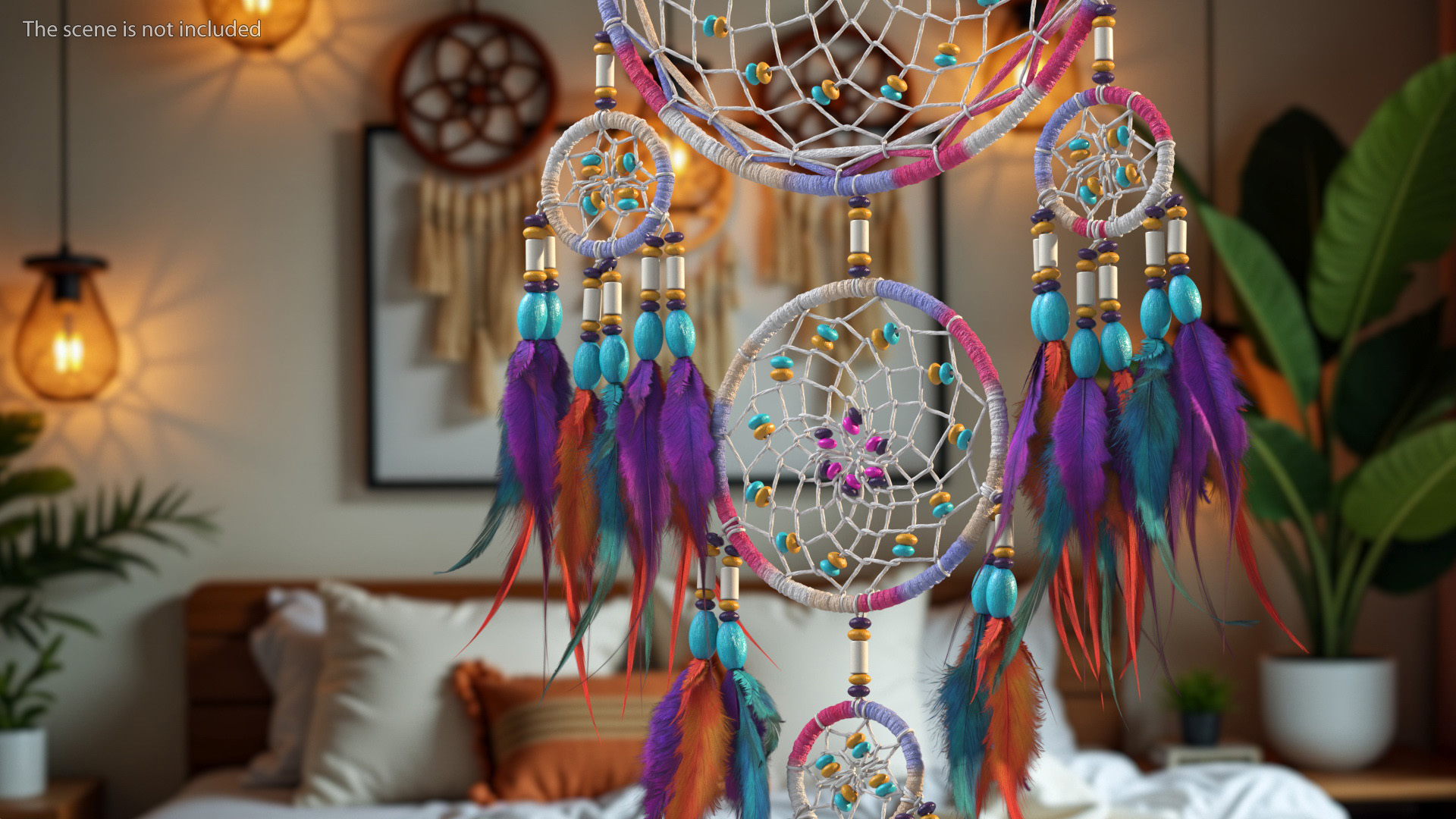 3D Decorative Dreamcatcher with Feathers Five Rings model