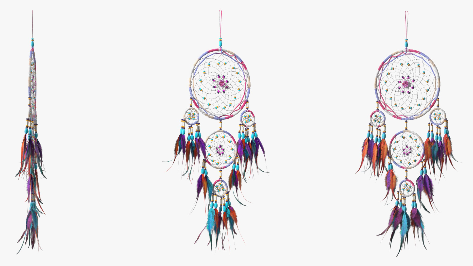 3D Decorative Dreamcatcher with Feathers Five Rings model