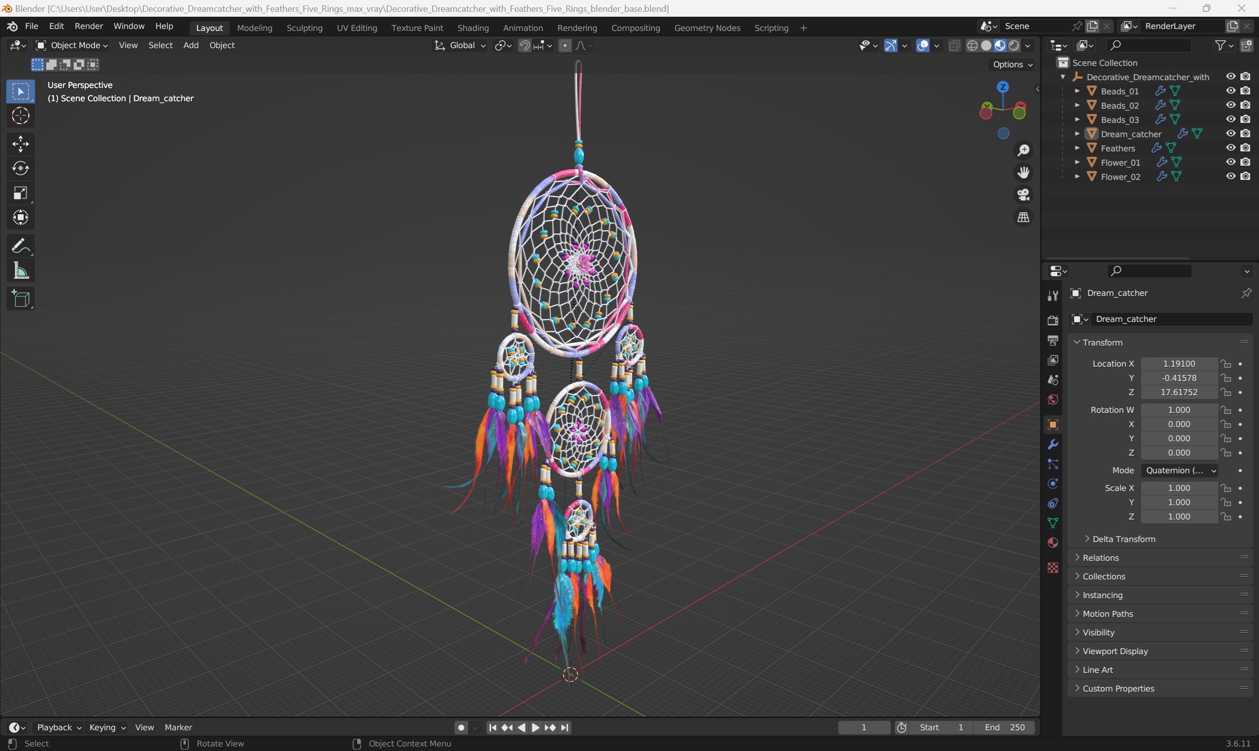 3D Decorative Dreamcatcher with Feathers Five Rings model