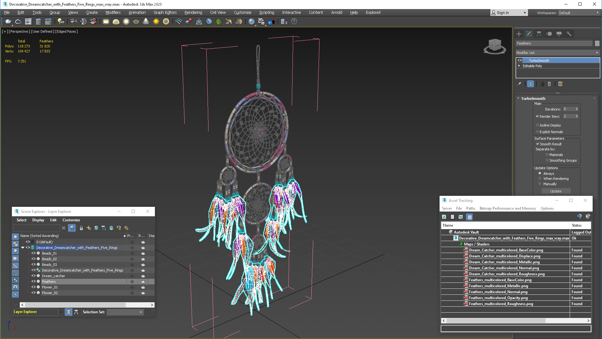 3D Decorative Dreamcatcher with Feathers Five Rings model