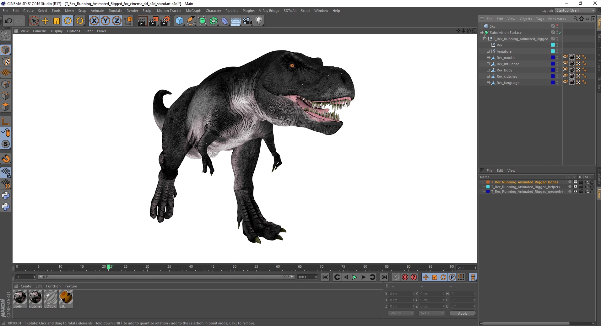 3D T Rex Running Animated Rigged for Cinema 4D model