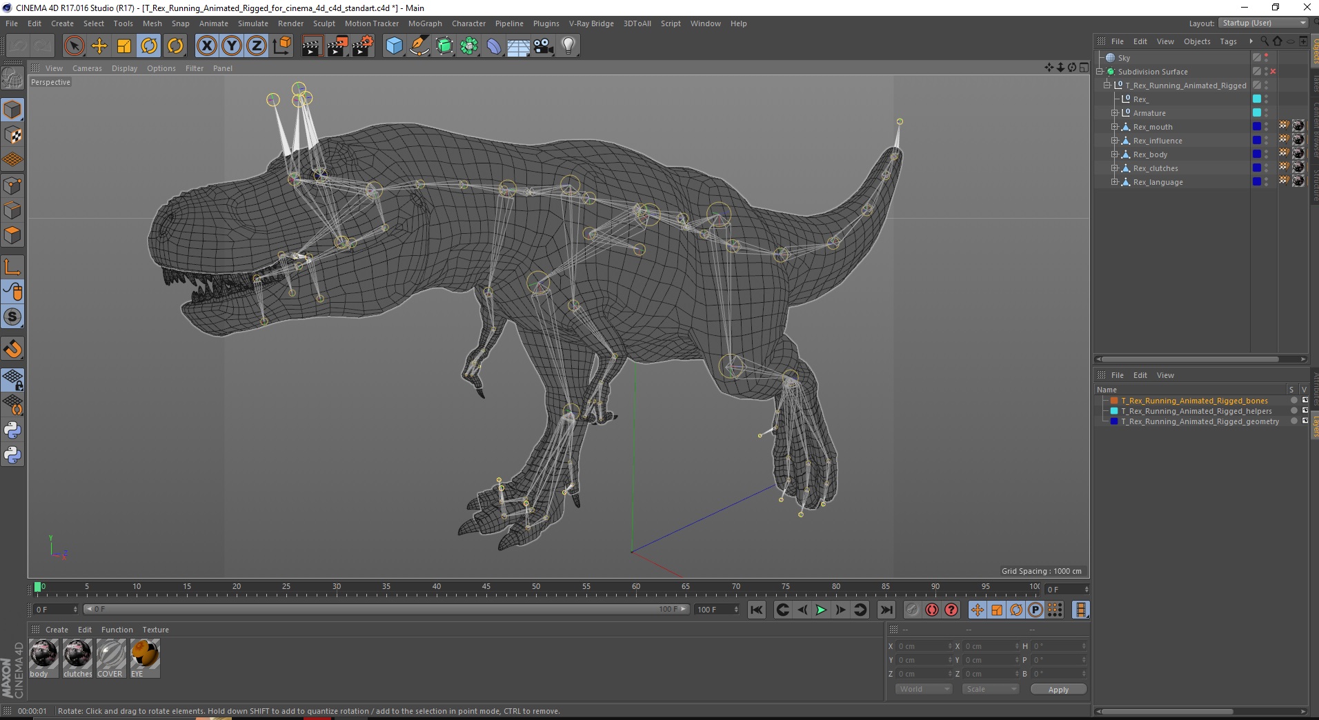 3D T Rex Running Animated Rigged for Cinema 4D model