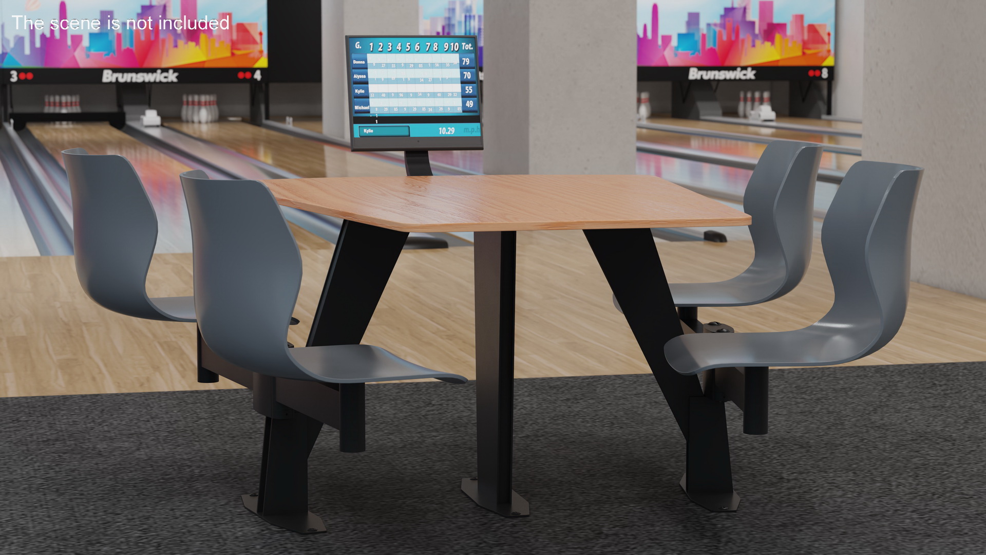 Bowling Table with Gray Chairs and Monitor 3D