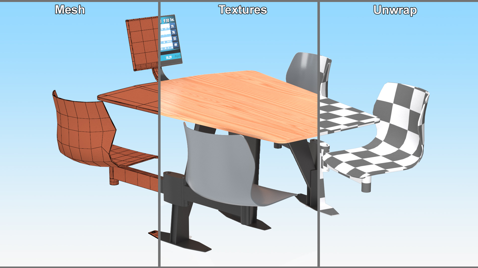 Bowling Table with Gray Chairs and Monitor 3D