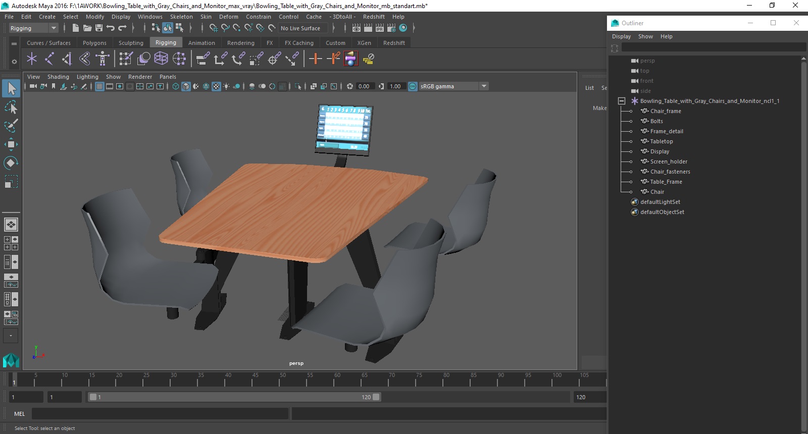 Bowling Table with Gray Chairs and Monitor 3D