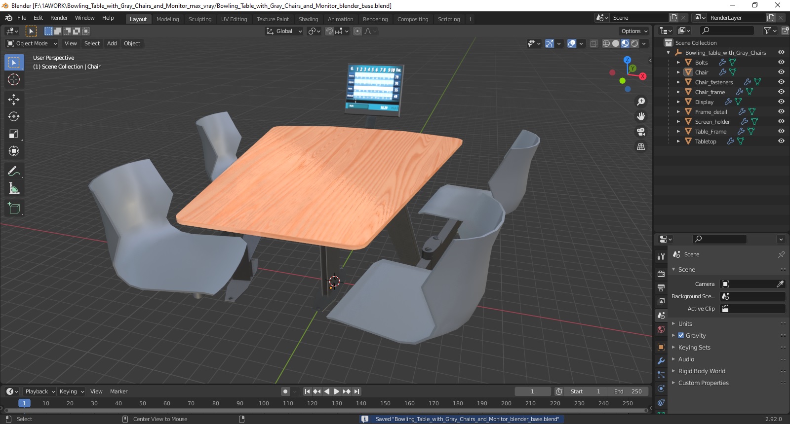 Bowling Table with Gray Chairs and Monitor 3D