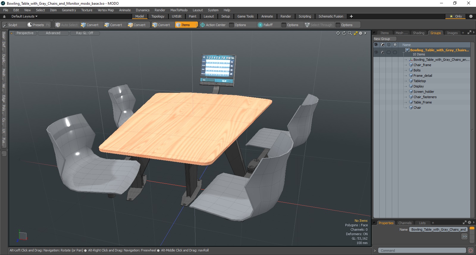 Bowling Table with Gray Chairs and Monitor 3D