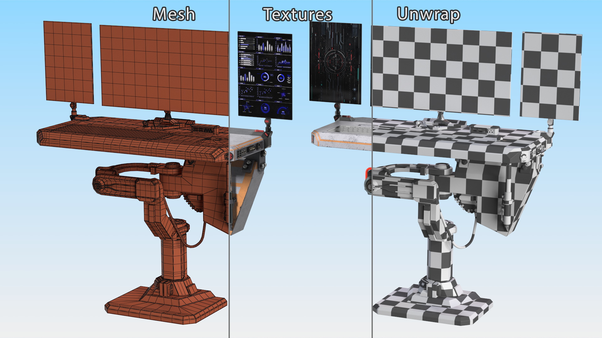 Sci-fi Three Monitor Computer 3D model