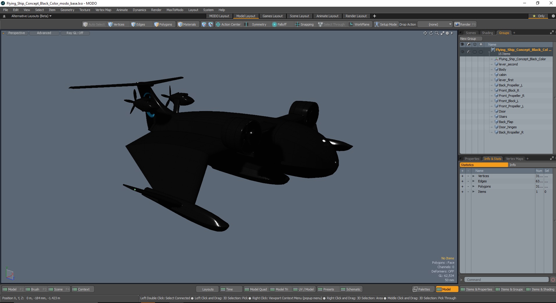 3D Flying Ship Concept Black Color