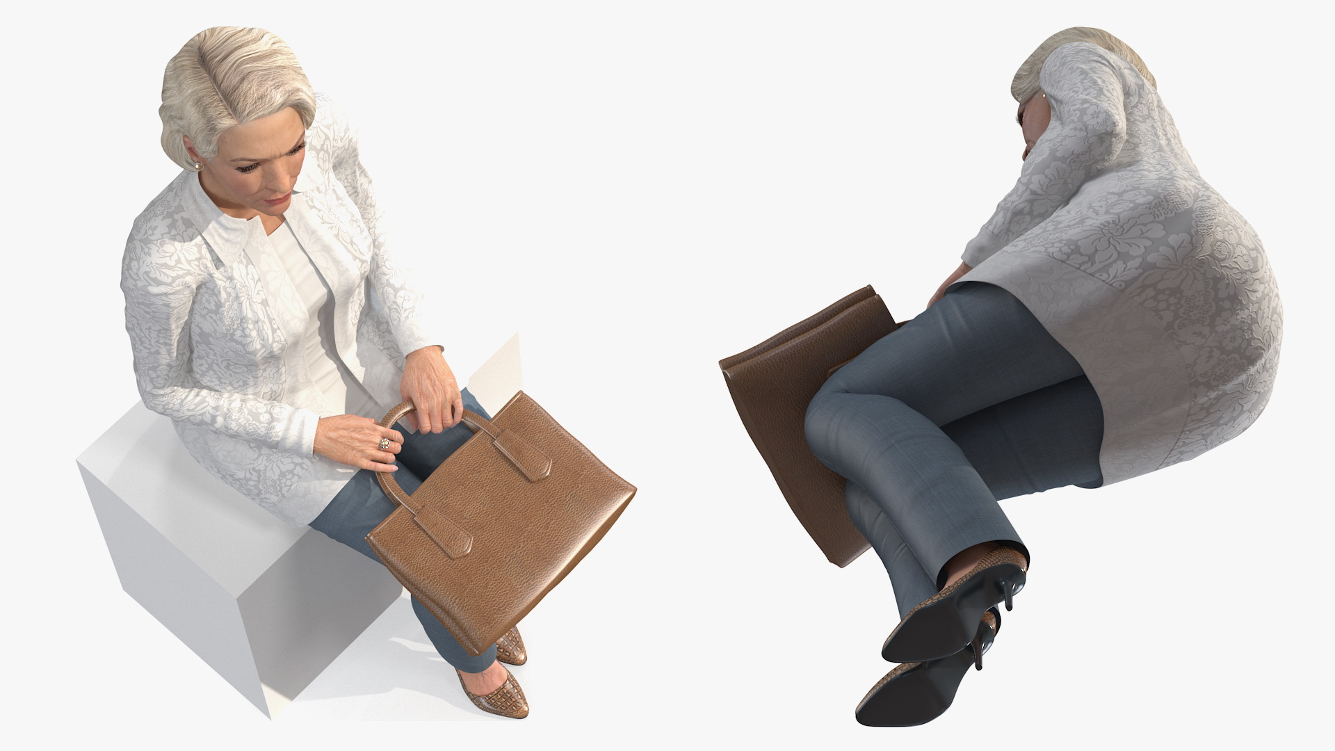 Elderly Lady in Casual Clothes Siting Pose 3D