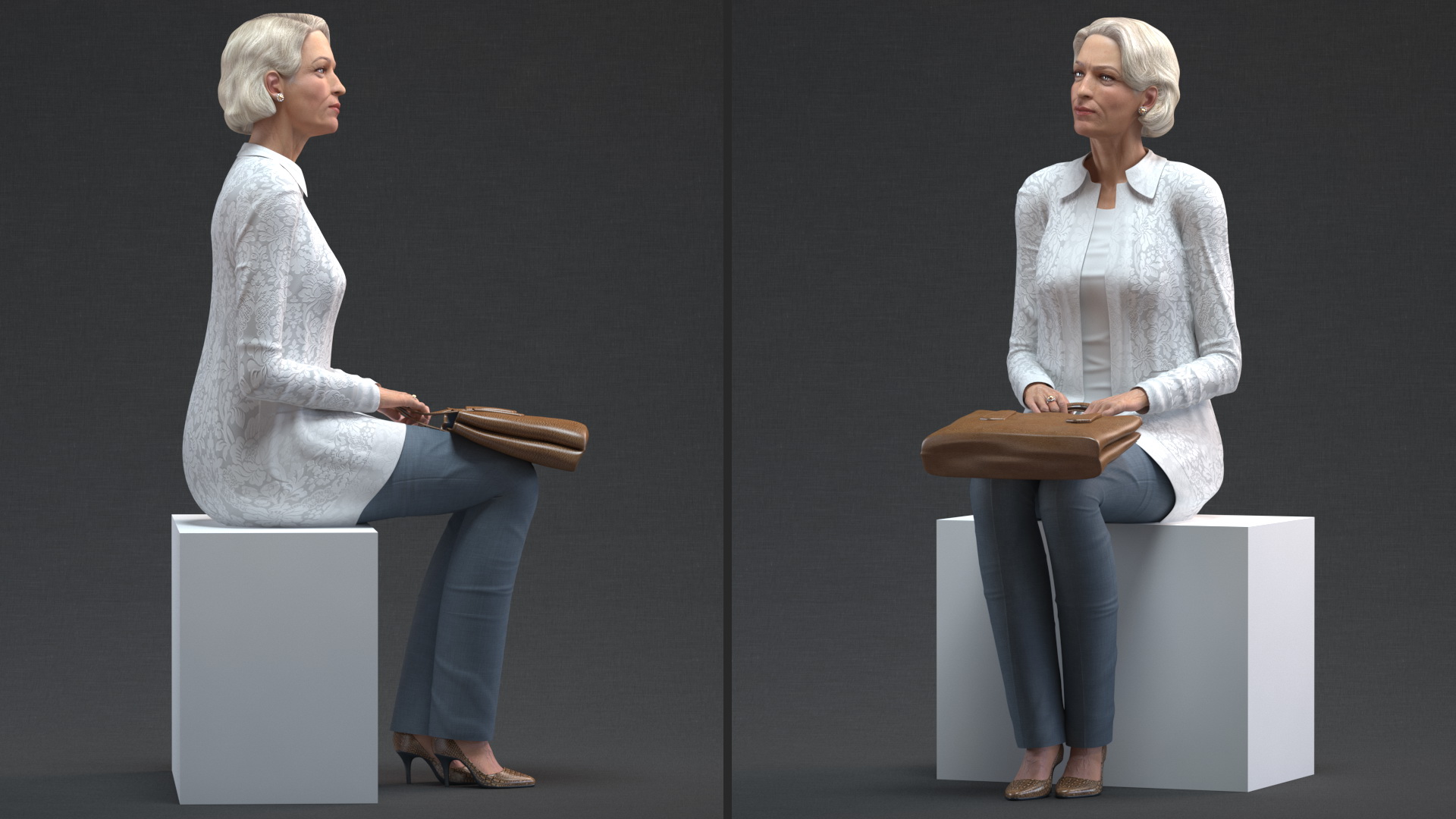 Elderly Lady in Casual Clothes Siting Pose 3D