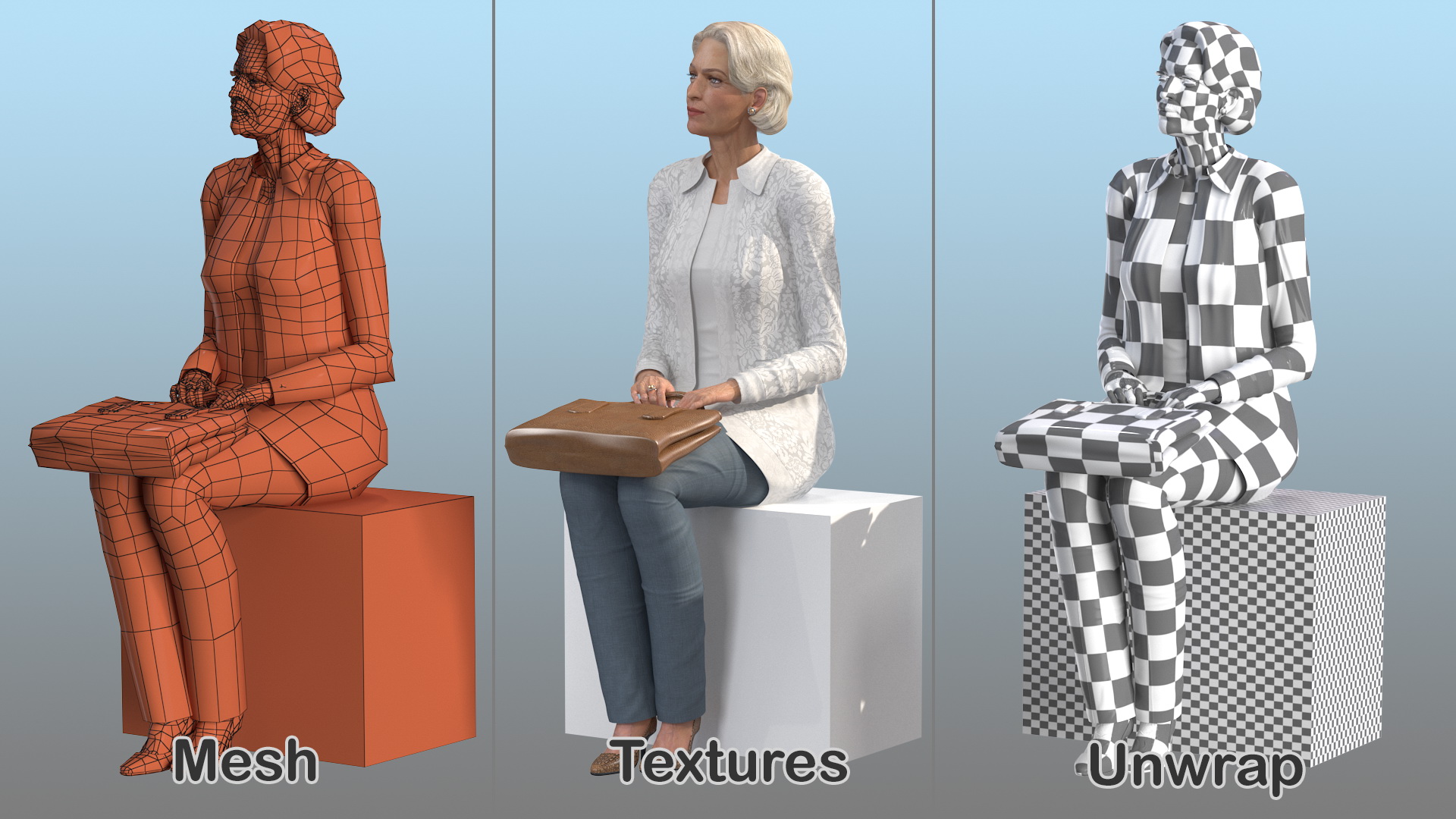 Elderly Lady in Casual Clothes Siting Pose 3D