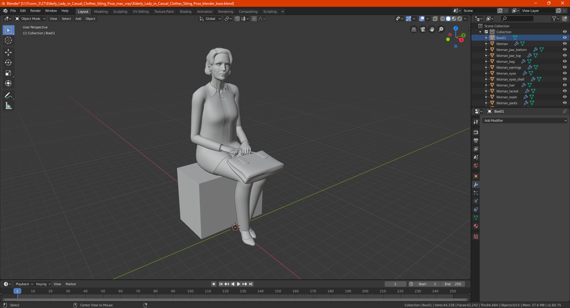 Elderly Lady in Casual Clothes Siting Pose 3D