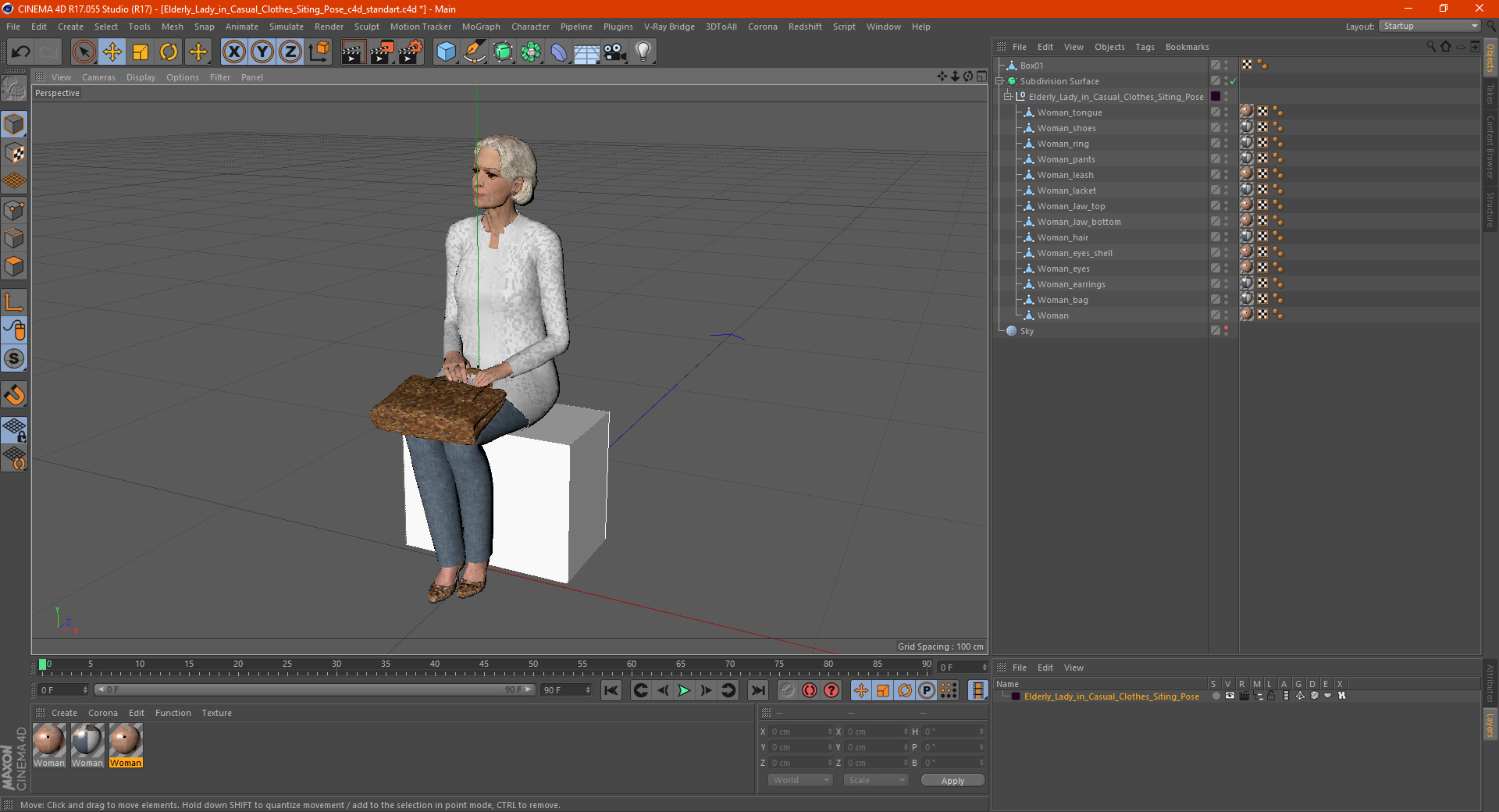 Elderly Lady in Casual Clothes Siting Pose 3D