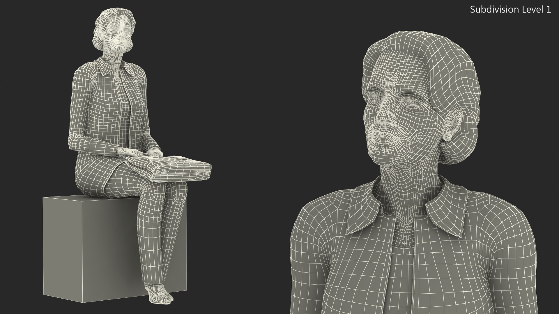 Elderly Lady in Casual Clothes Siting Pose 3D