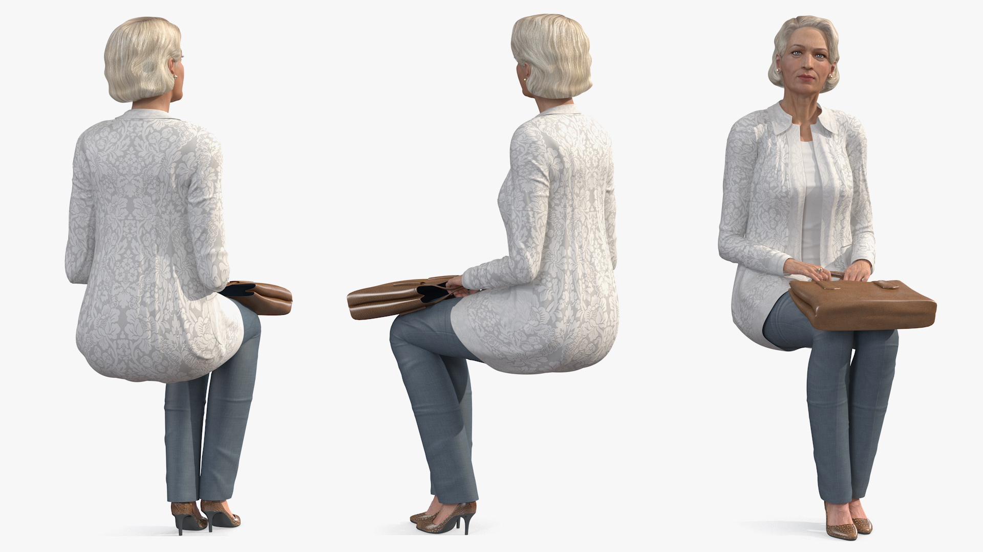 Elderly Lady in Casual Clothes Siting Pose 3D