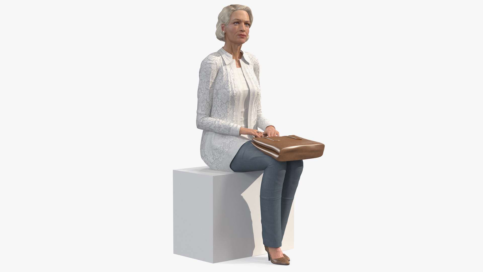 Elderly Lady in Casual Clothes Siting Pose 3D