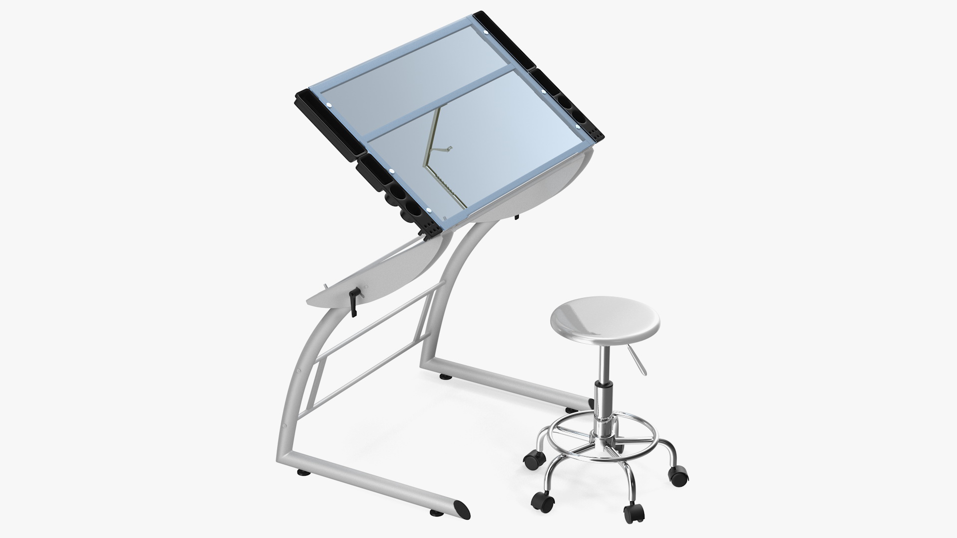 Triflex Adjustable Glass Drawing Table with Stool White Rigged 3D