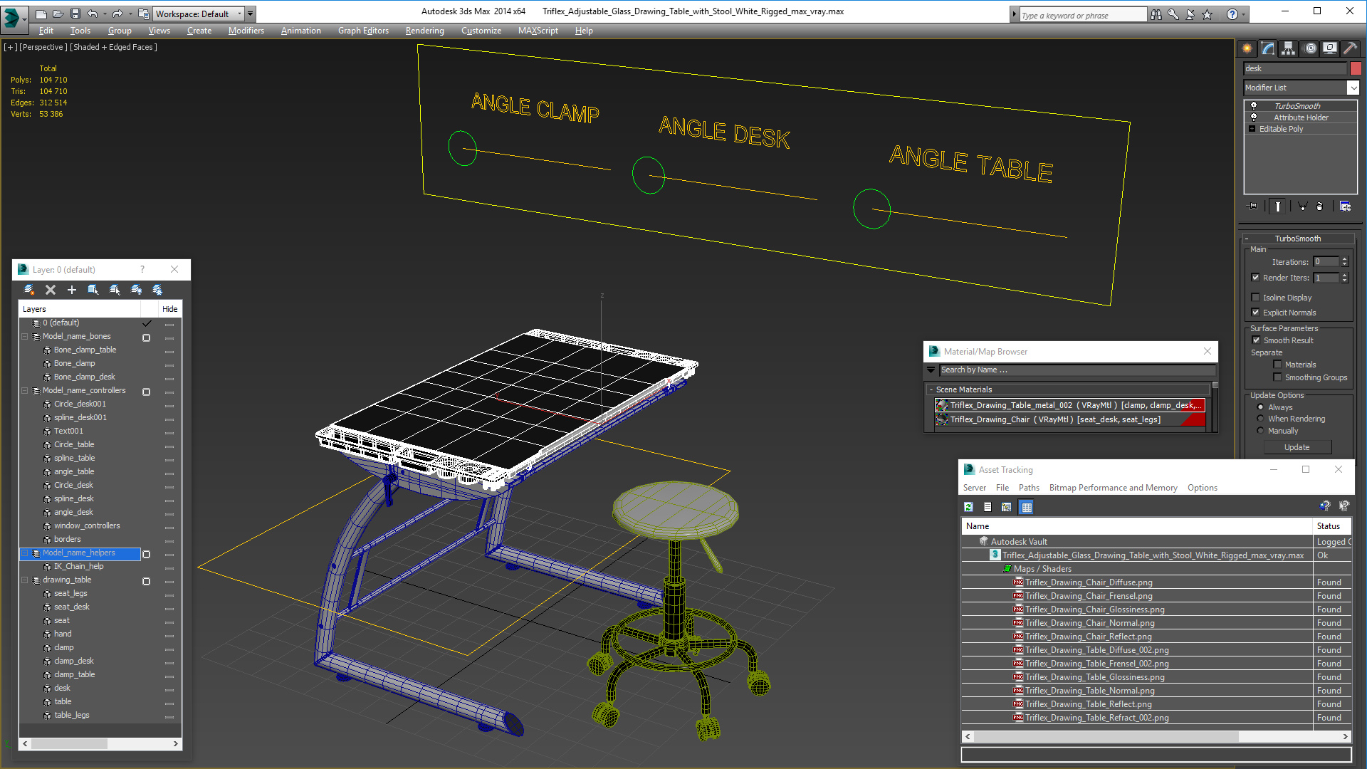 Triflex Adjustable Glass Drawing Table with Stool White Rigged 3D