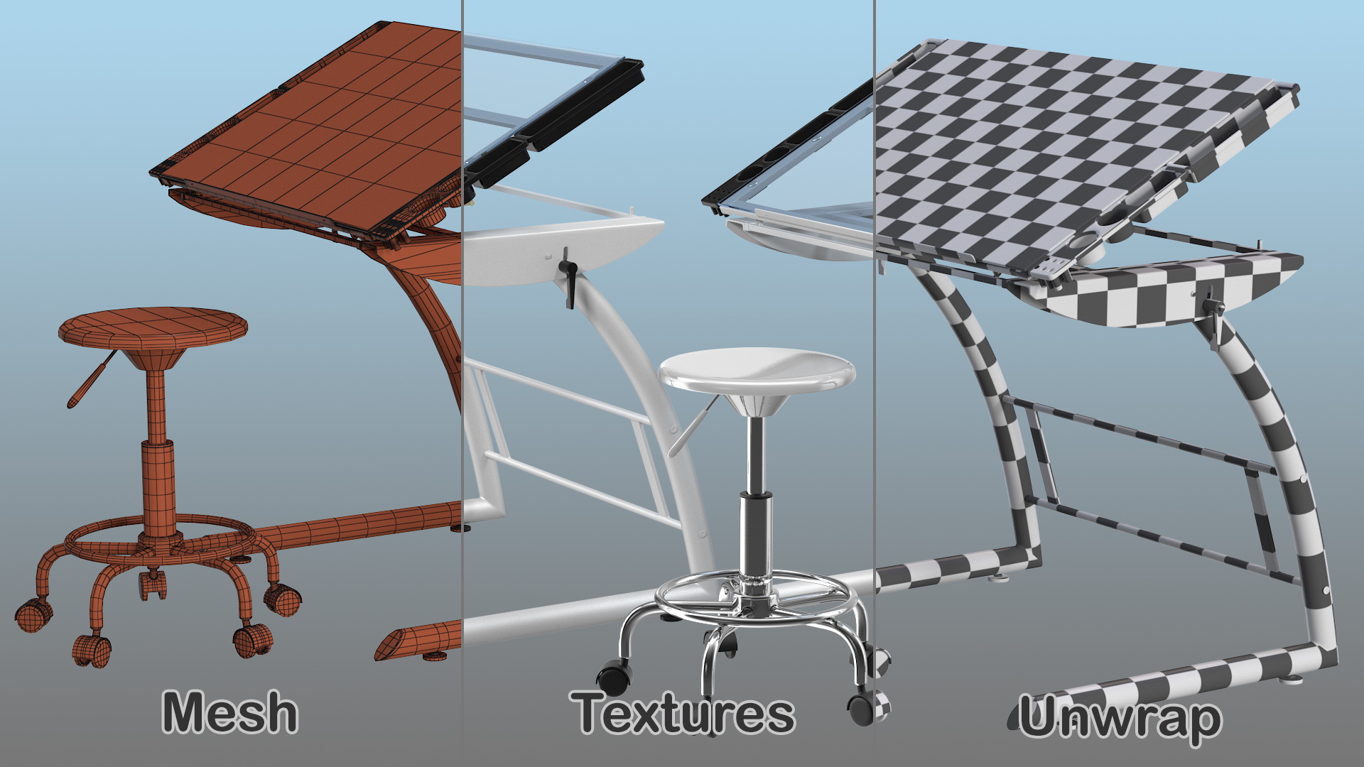 Triflex Adjustable Glass Drawing Table with Stool White Rigged 3D