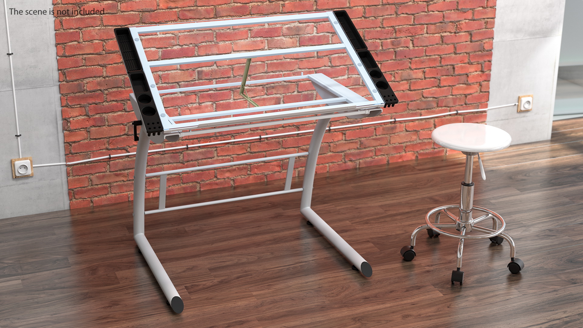 Triflex Adjustable Glass Drawing Table with Stool White Rigged 3D