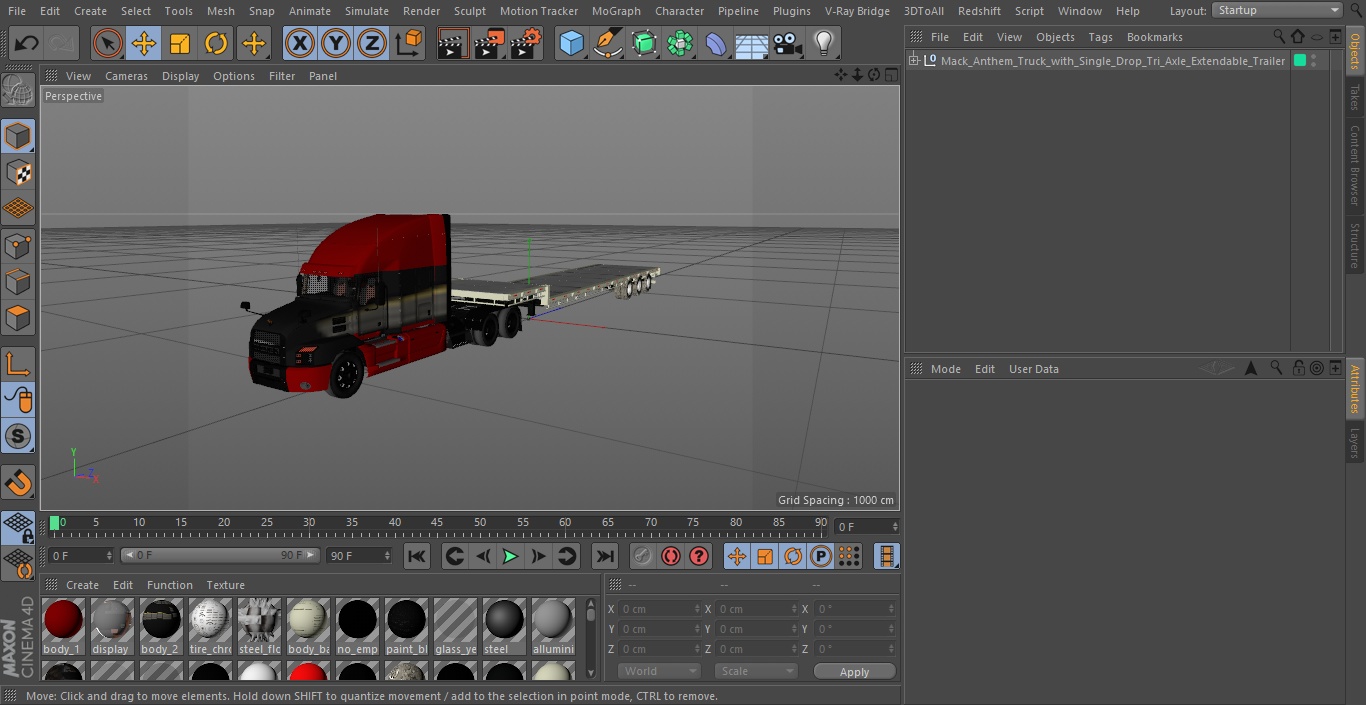 Mack Anthem Truck with Single Drop Tri Axle Extendable Trailer 3D