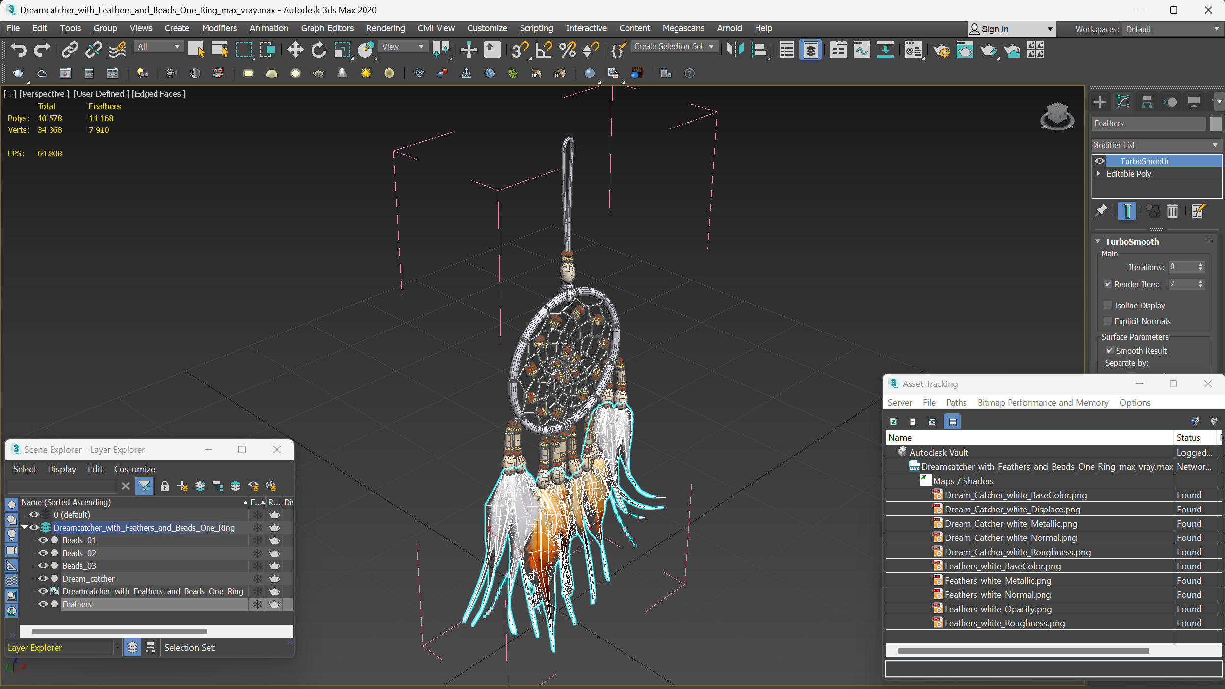 3D model Dreamcatcher with Feathers and Beads One Ring