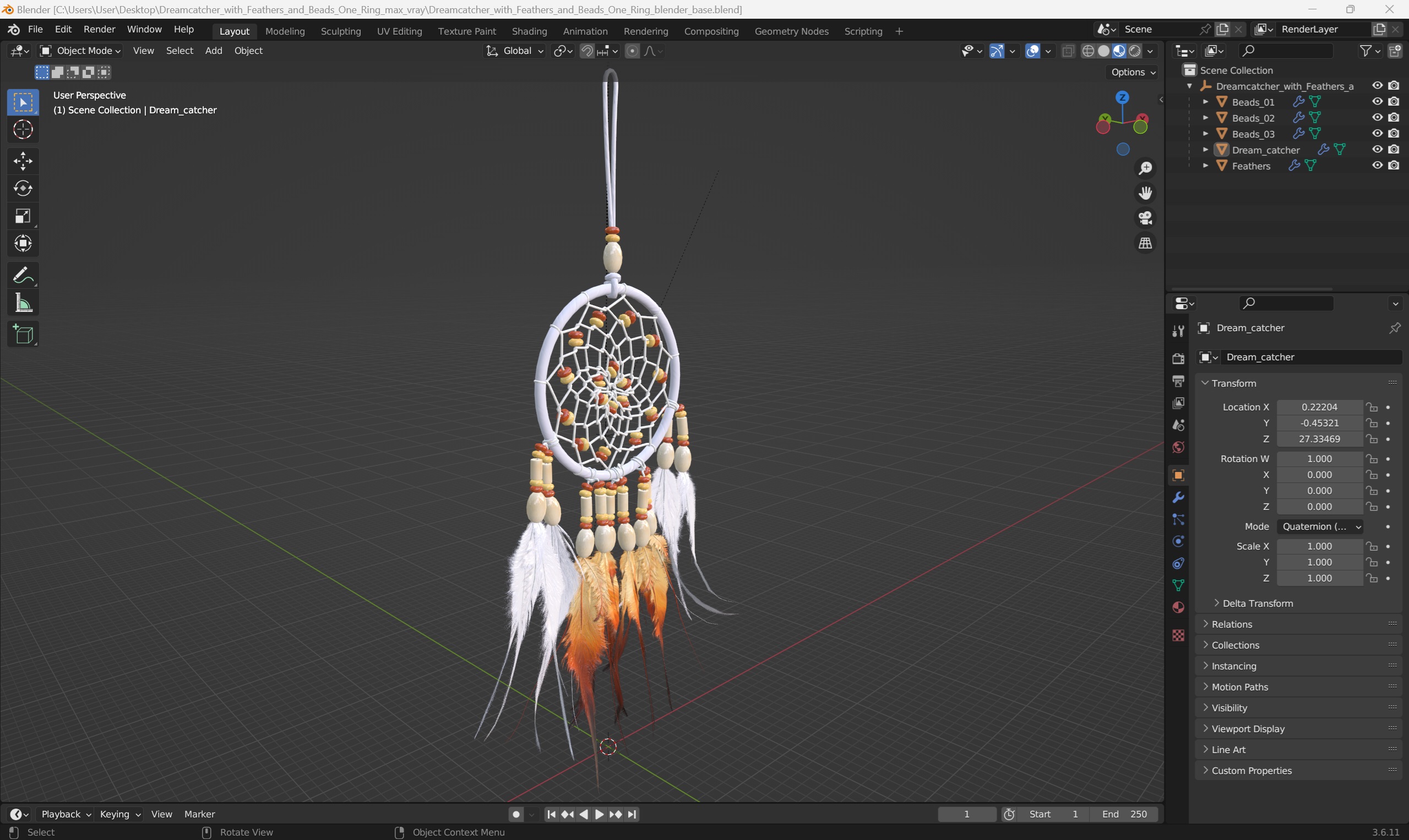 3D model Dreamcatcher with Feathers and Beads One Ring