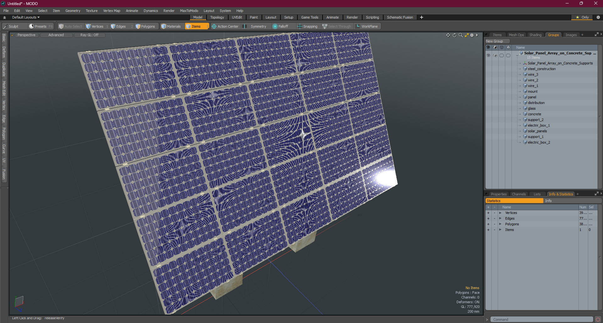 3D Solar Panel Array on Concrete Supports model