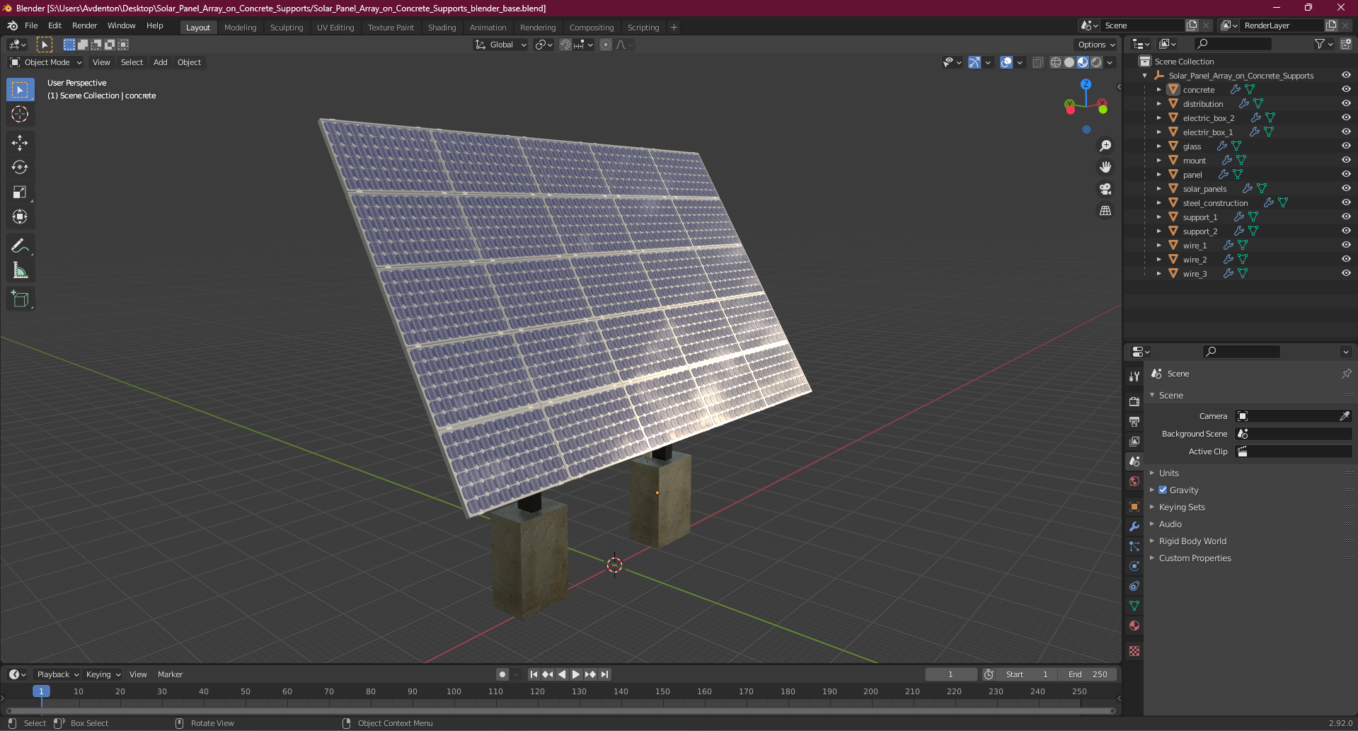 3D Solar Panel Array on Concrete Supports model