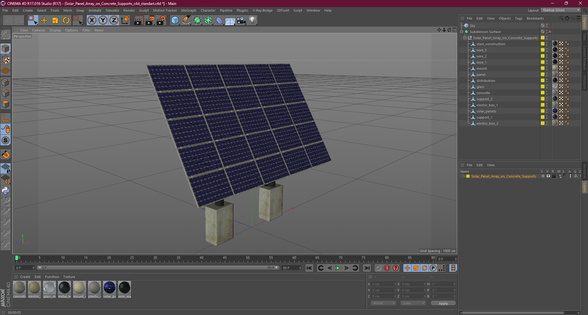 3D Solar Panel Array on Concrete Supports model